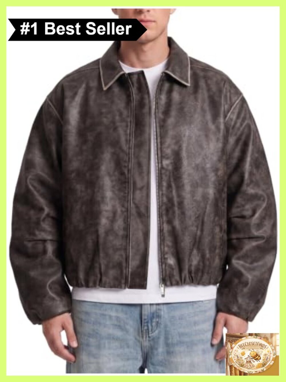 Cropped Faux Leather Bomber Jacket Oversized Two-Way Zip Windproof